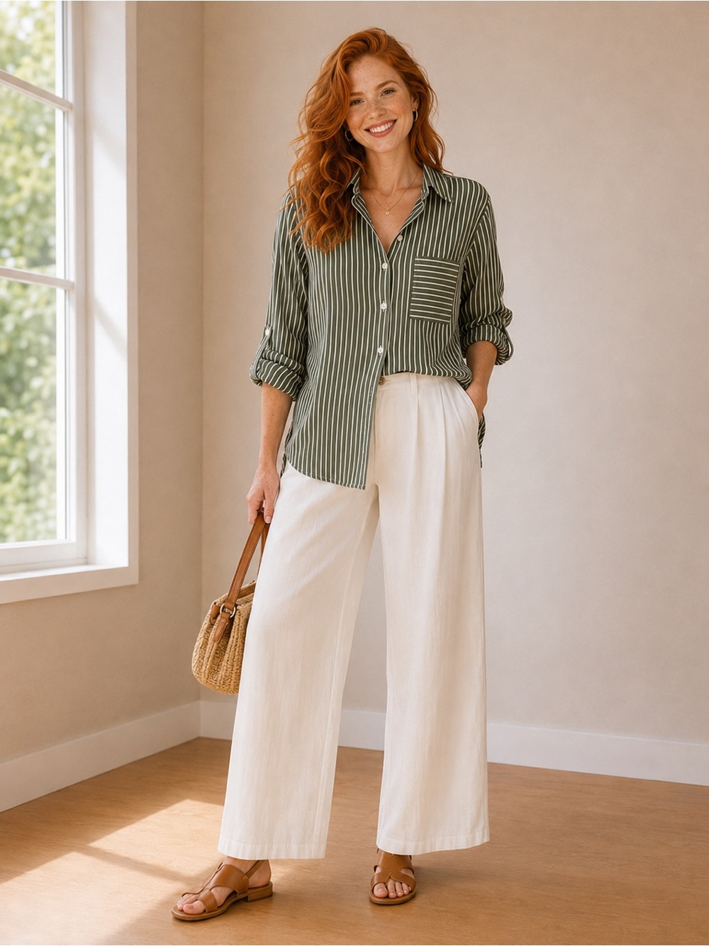 LOFT Olive Striped Button-Down Shirt